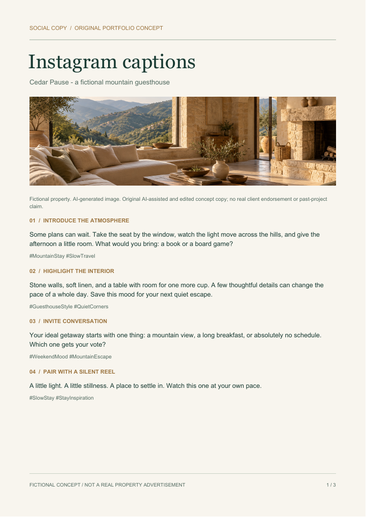 Hospitality captions: 12 original concept samples