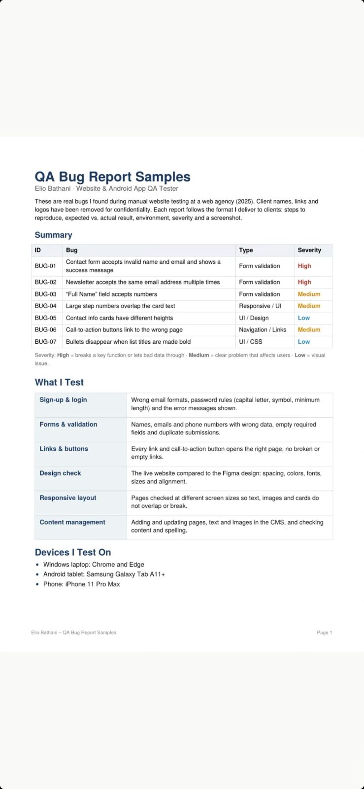 Website QA Bug Report Samples