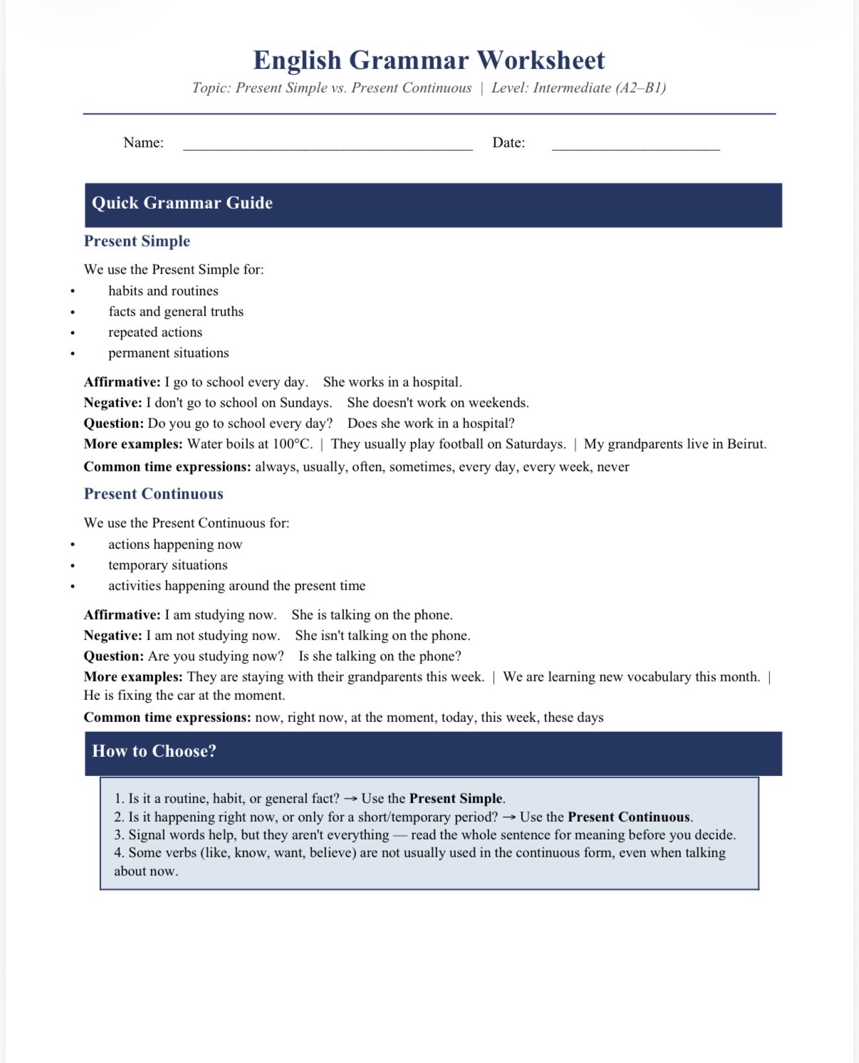 English Grammar Worksheet & Answer Key