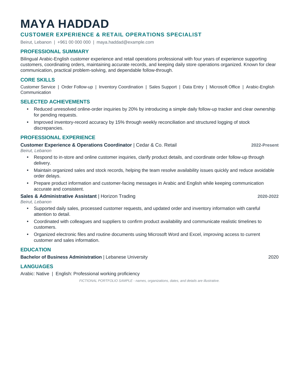 ATS-Friendly English CV — Retail & Customer Service Sample
